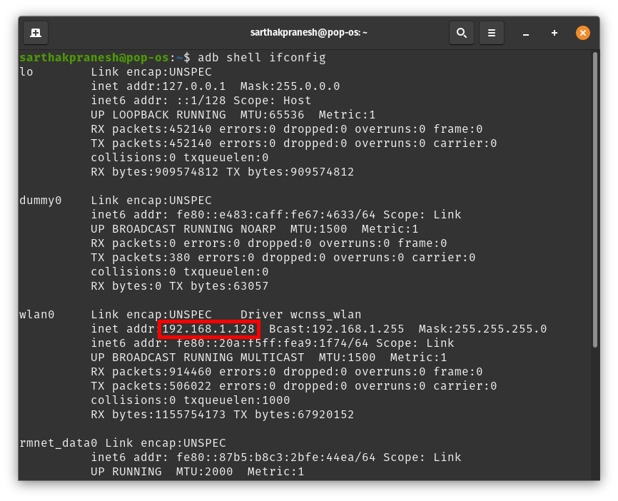 Result for `adb shell ifconfig`
